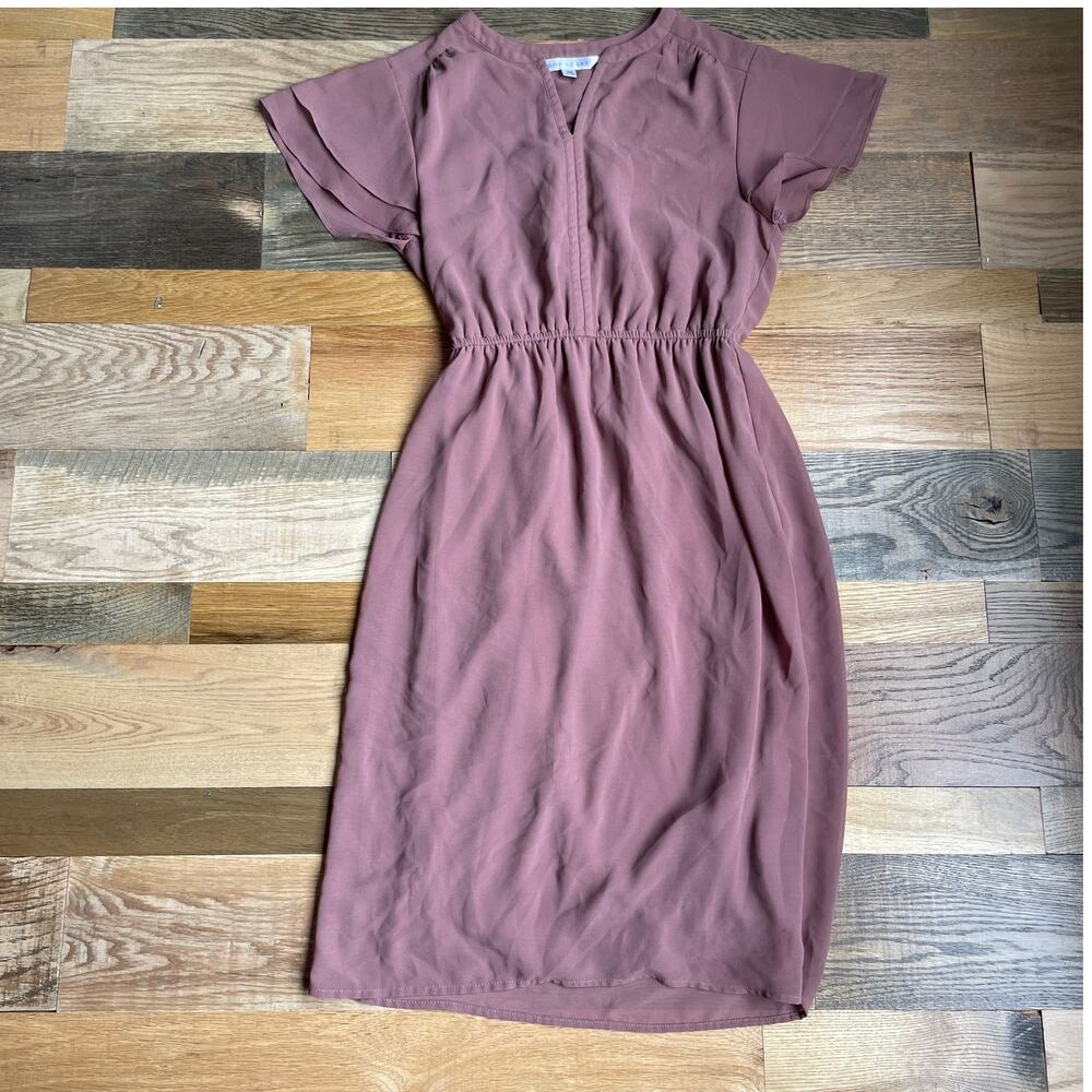 DownEast Women's XS Mauve Midi Dress Flutter Sleeve Elastic Waist